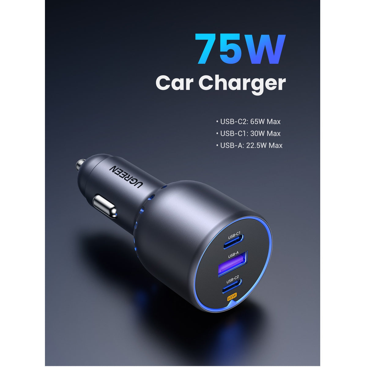 Caricabatterie Auto UGREEN EC703, 75W, 3.25A, 1 x USB-A - 2 x USB-C, Nero
