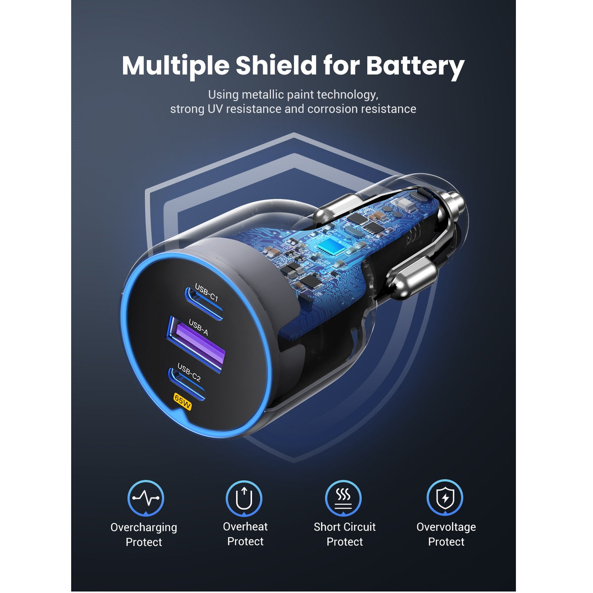 Caricabatterie Auto UGREEN EC703, 75W, 3.25A, 1 x USB-A - 2 x USB-C, Nero