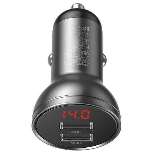 Caricabatterie da auto con display digitale Baseus, 24W, 2,4A, 2 x USB-A, grigio CCBX-0G