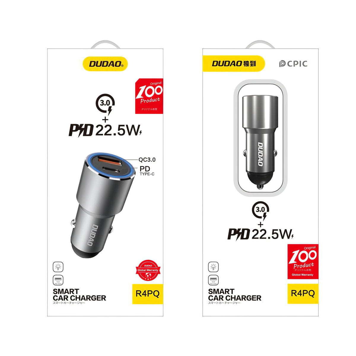 Caricatore Auto USB Dudao R4PQ, 1 X USB - 1 X USB Tipo-C, 22,5 W, Quick Charge - Power Delivery, Grigio