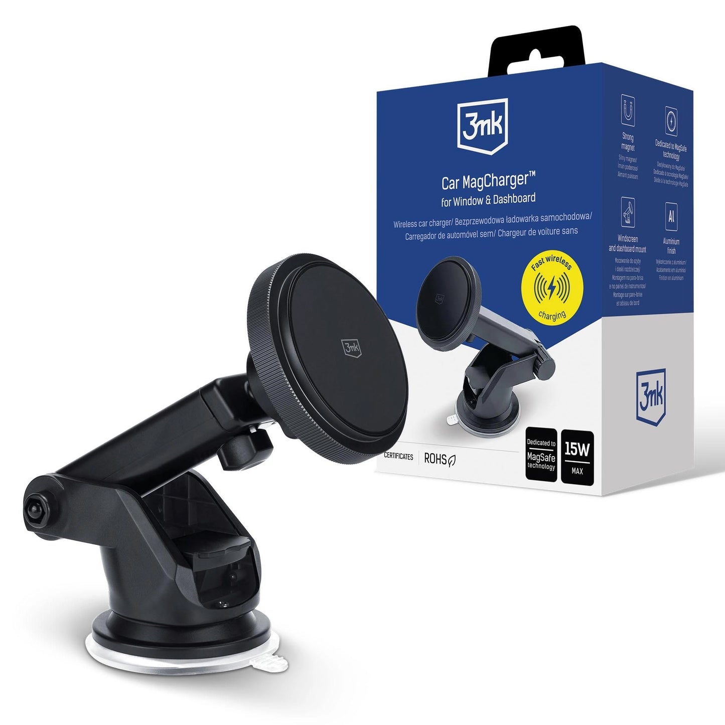 Caricabatterie Auto Wireless 3MK MagCharger, 15W, 1.67A, Nero