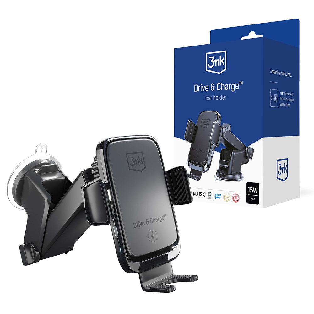 Caricabatterie Auto Wireless 3MK Drive&Charge, 15W, 1.67A, Nero