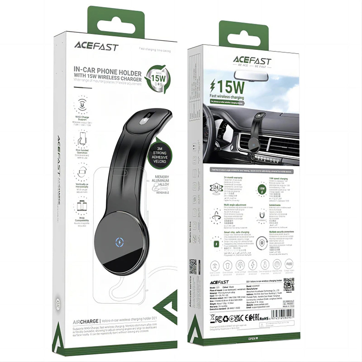 Caricabatterie Auto Wireless Acefast D21, 15W, 1.67A, Nero