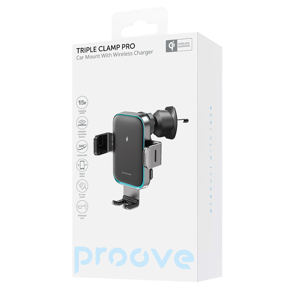 Caricabatterie Auto Wireless Proove Triple Clamp Pro, 15W, 1.67A, Grigio WHTP15010004