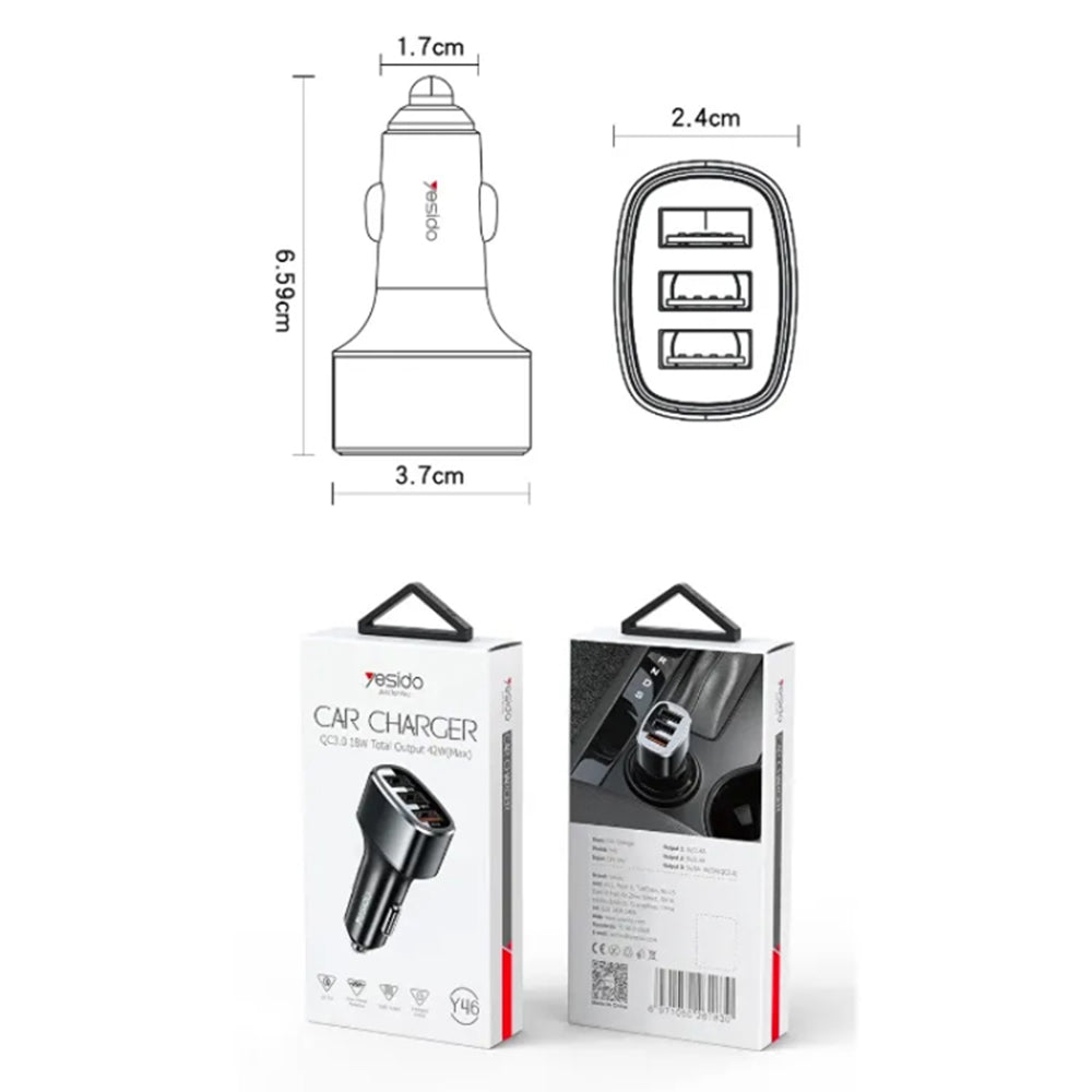 Caricabatterie Auto Yesido Y46, 42W, 3A, 3 x USB-A, Nero