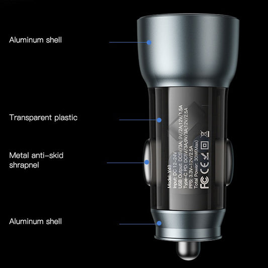 Caricabatterie Auto Yesido Y49, 30W, 3A, 1 x USB-A - 1 x USB-C, Grigio