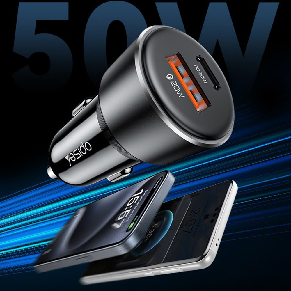 Caricabatterie Auto Yesido Y64, 50W, 3A, 1 x USB-A - 1 x USB-C, Nero