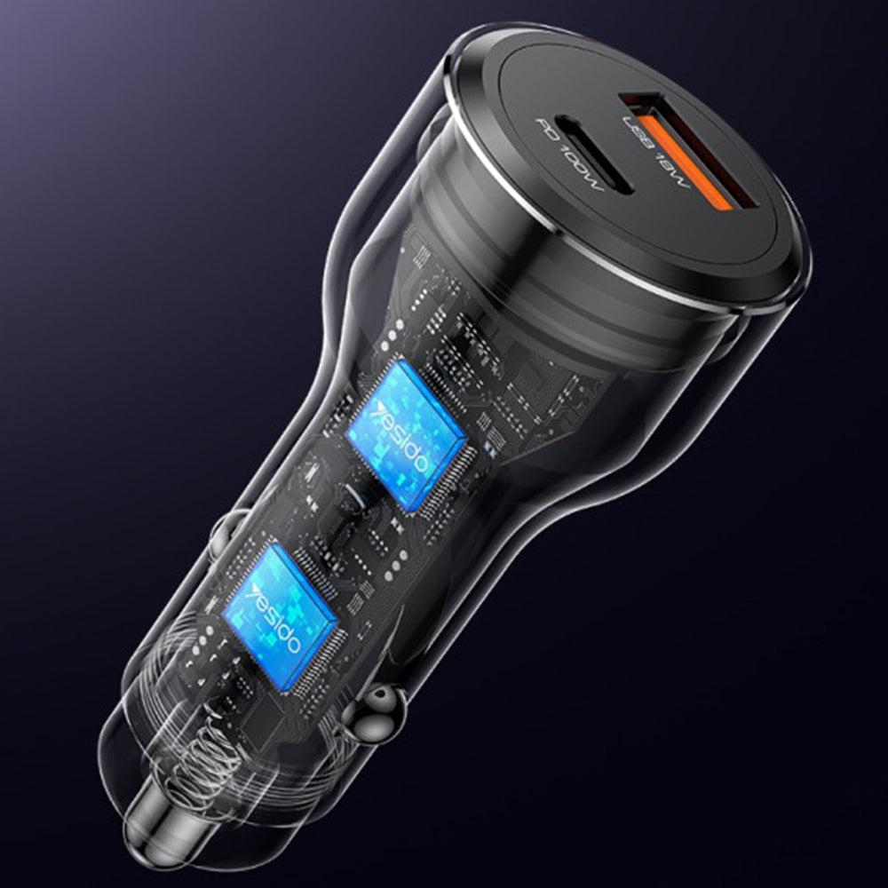 Caricabatterie Auto Yesido Y65, 100W, 5A, 1 x USB-A - 1 x USB-C, Nero