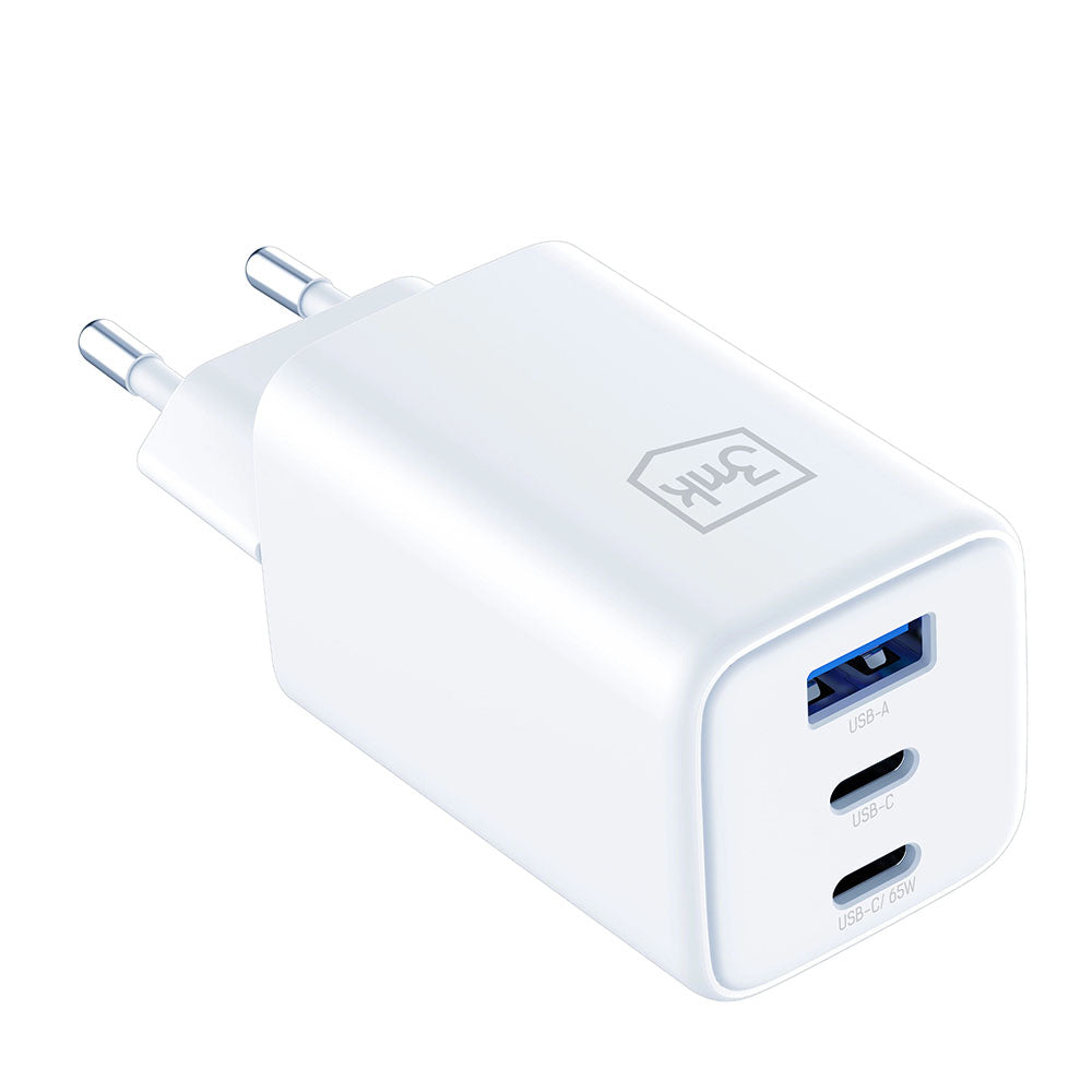 Caricabatterie Retea 3MK Hyper, 65W, 3.25A, 1 x USB-A - 2 x USB-C, Bianco