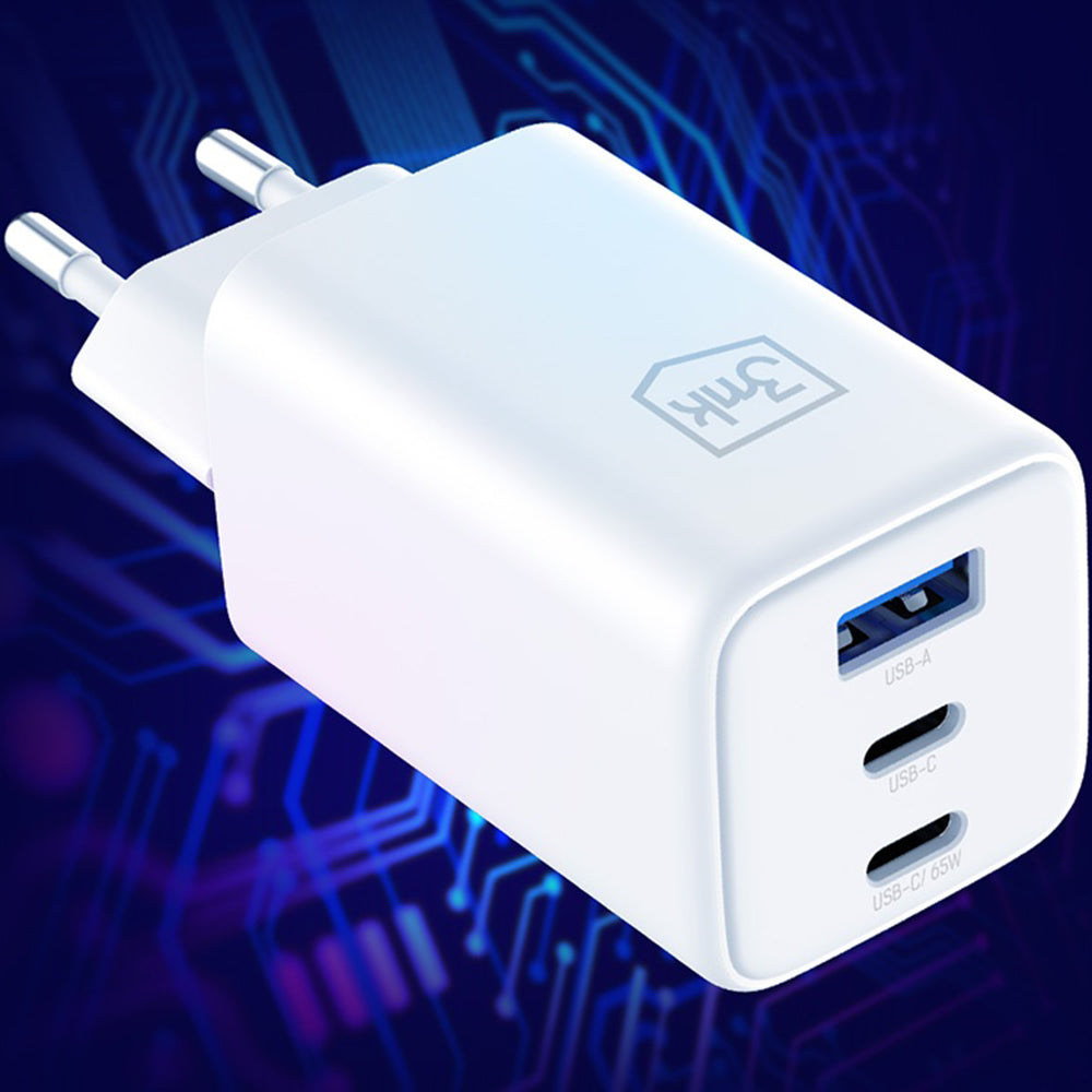 Caricabatterie Retea 3MK Hyper, 65W, 3.25A, 1 x USB-A - 2 x USB-C, Bianco