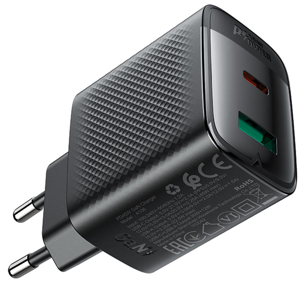 Caricabatterie Retea Acefast A106, 45W, 3A, 1 x USB-A - 1 x USB-C, Nero