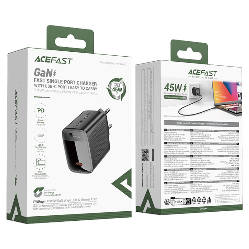 Caricabatterie da rete Acefast A112, 45W, 3A, 1 x USB-C, Nero