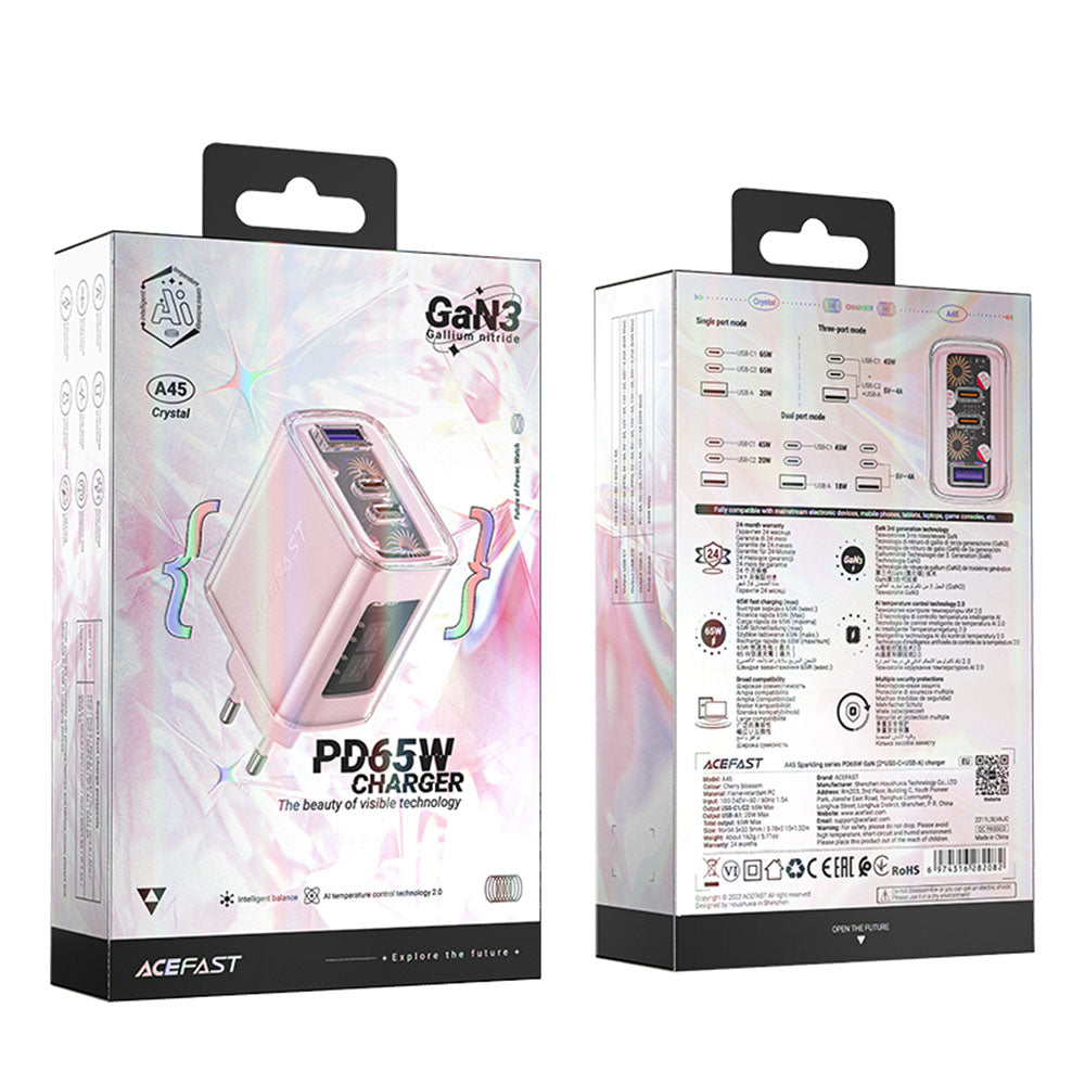 Caricabatterie Retea Acefast A45 Exploration, 65W, 3.25A, 1 x USB-A - 2 x USB-C, Rosa