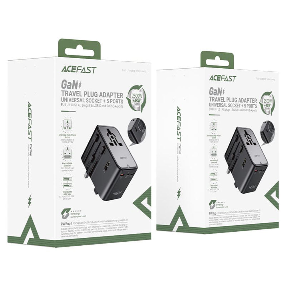 Caricabatterie da rete Acefast Z8 Travel, 45W, 3A, 2 x USB-A - 3 x USB-C, Nero