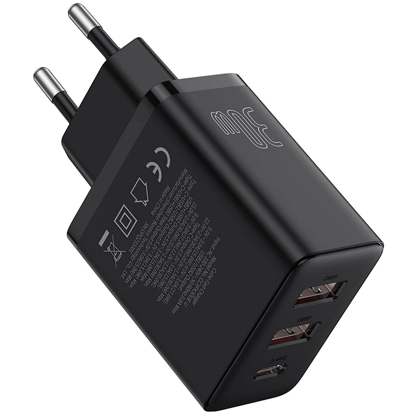 Caricabatterie di rete Baseus Cube, 30W, 3A, 1 x USB-C - 2 x USB-A, nero P10111402113113-00