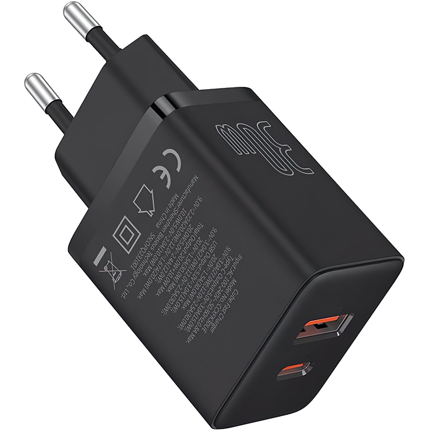 Caricatore di rete Baseus Cube, 30W, 2,4A, 1 x USB-A - 1 x USB-C, nero P10111404113113-00