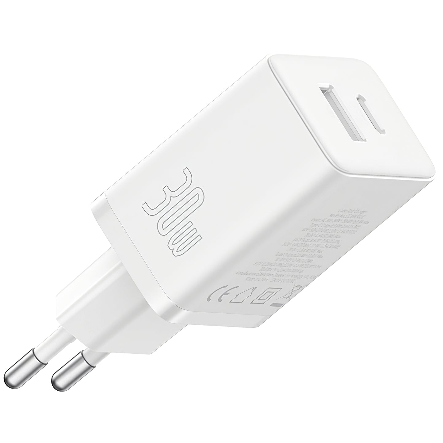 Caricatore di rete Baseus Cube, 30W, 2,4A, 1 x USB-A - 1 x USB-C, bianco P10111404213-00