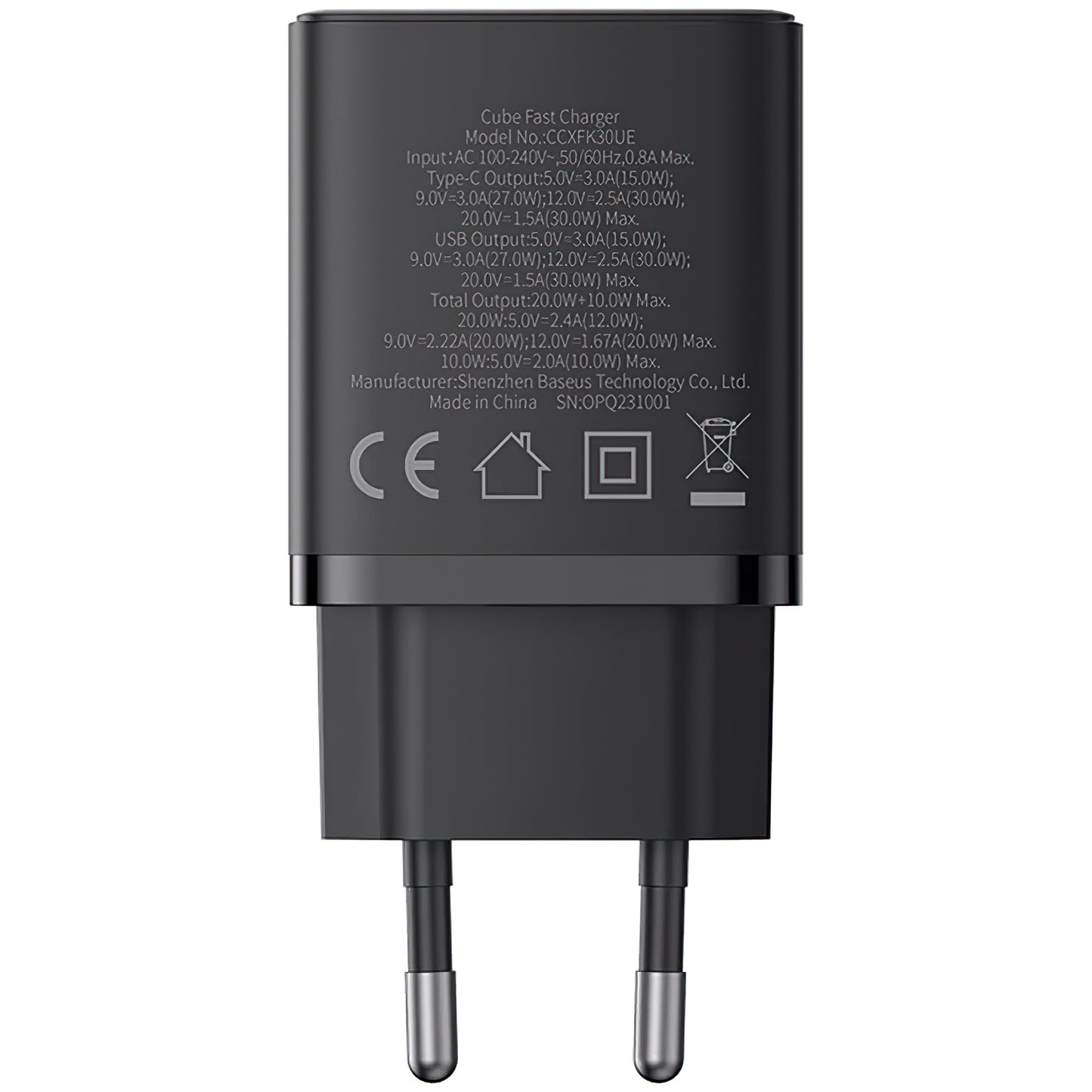 Caricatore di rete Baseus Cube, 30W, 2,4A, 1 x USB-A - 1 x USB-C, nero P10111404113113-00