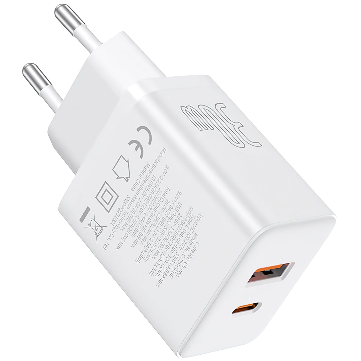 Caricatore di rete Baseus Cube, 30W, 2,4A, 1 x USB-A - 1 x USB-C, bianco P10111404213-00