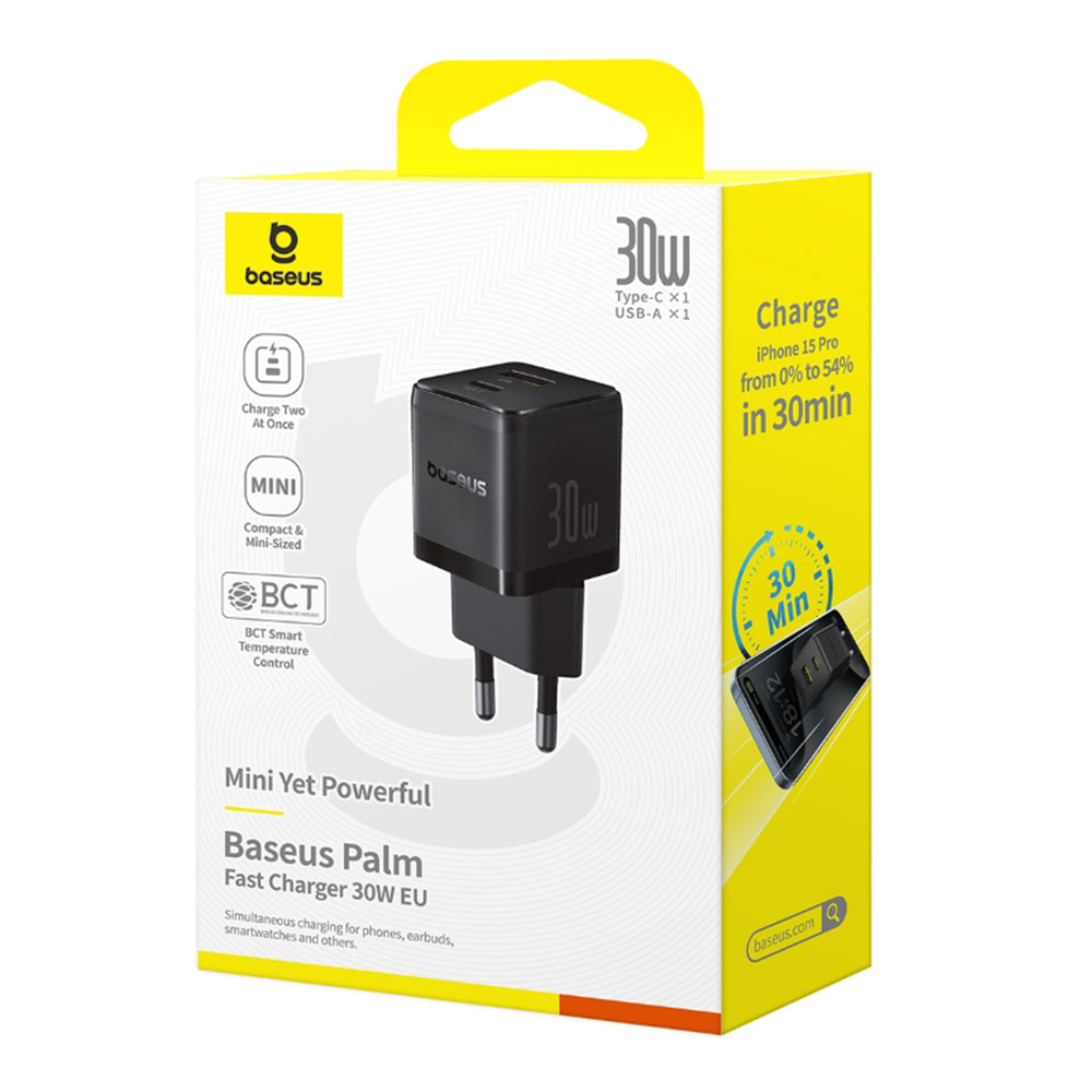 Caricabatterie Rete Baseus Palm, 30W, 3A, 1 x USB-A - 1 x USB-C, Nero P1011160A113-00