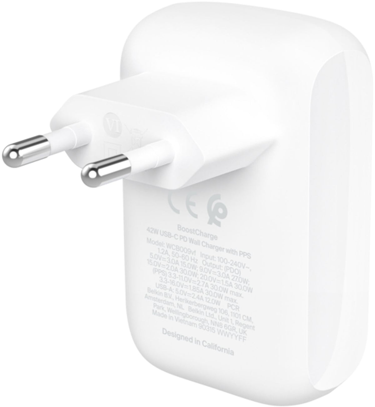 Caricatore da rete Belkin BoostCharge Dual, 42W, 3A, 1 x USB-A - 1 x USB-C, Bianco WCB009vfWH