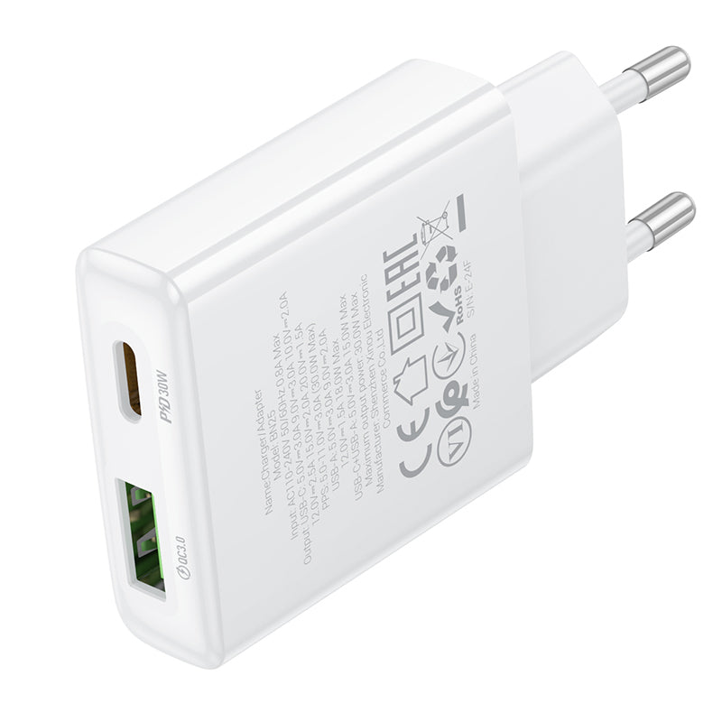 Caricatore di rete Borofone BN25 Wish, 30W, 3A, 1 x USB-A - 1 x USB-C, bianco