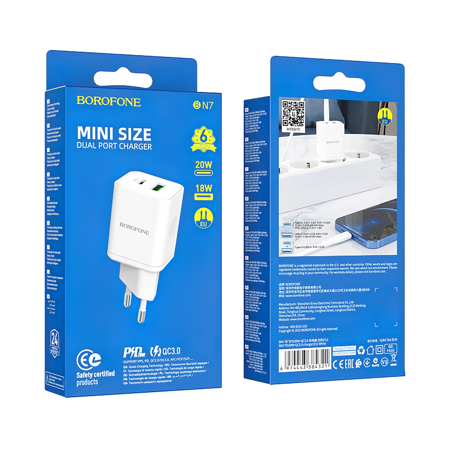 Caricatore di rete Borofone BN7, 20W, 3A, 1 x USB-A - 1 x USB-C, bianco