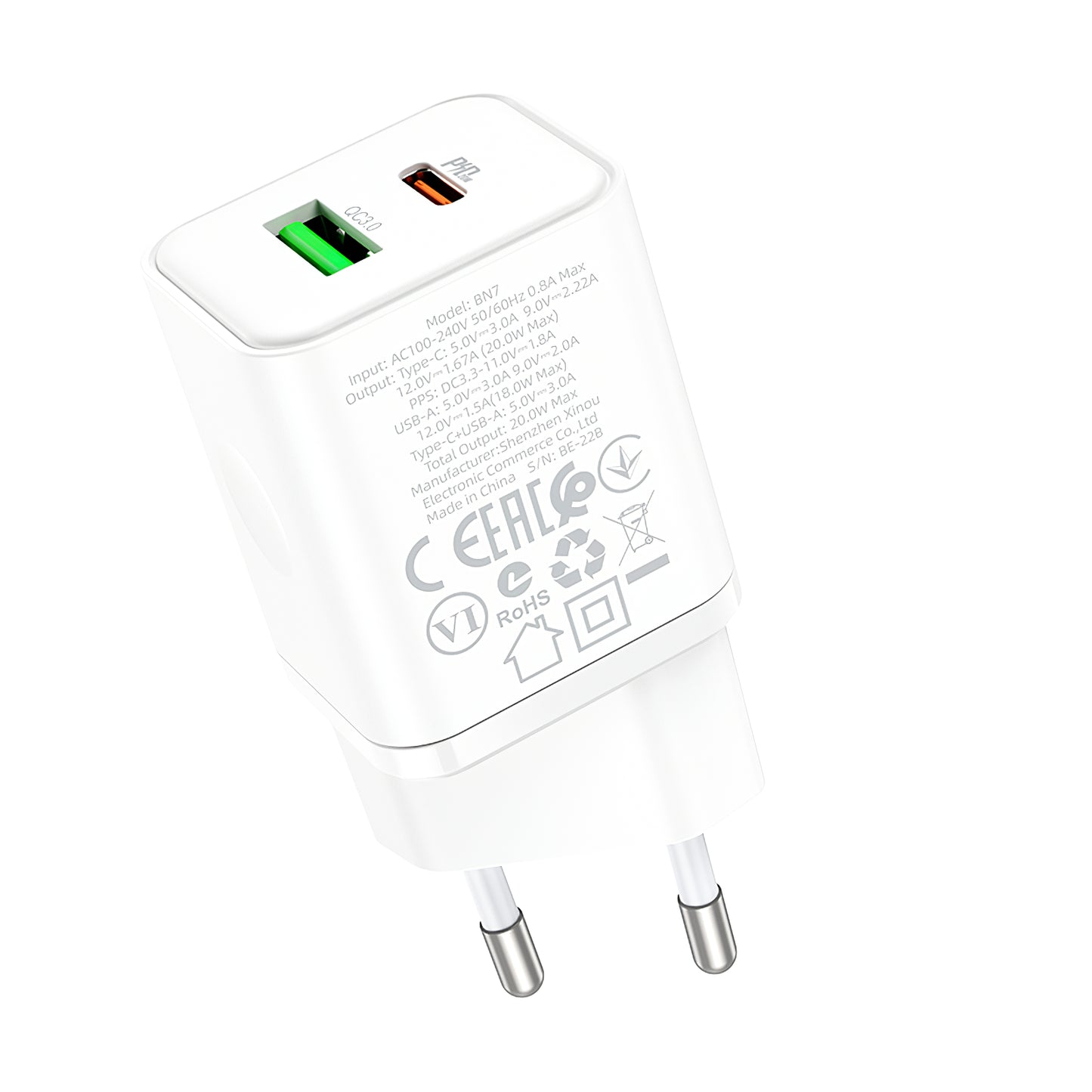 Caricatore di rete Borofone BN7, 20W, 3A, 1 x USB-A - 1 x USB-C, bianco