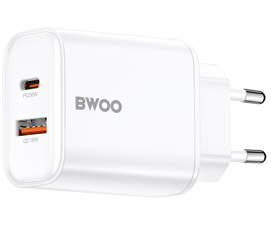 Caricabatterie Rete BWOO CDA207, 36W, 3A, 1 x USB-A - 1 x USB-C, Bianco