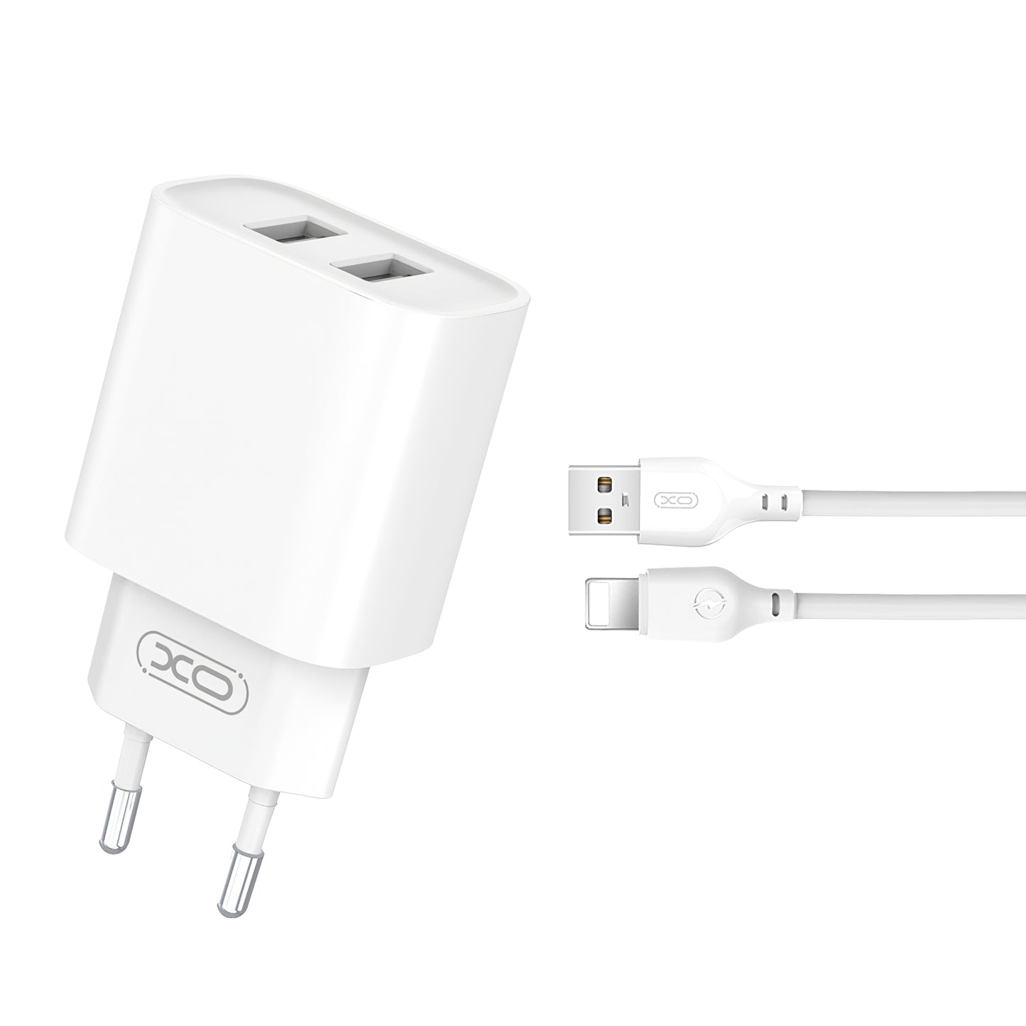 Caricabatterie da Rete con Cavo Lightning XO Design CE02C, 10.5W, 2.1A, 2 x USB-A, Bianco
