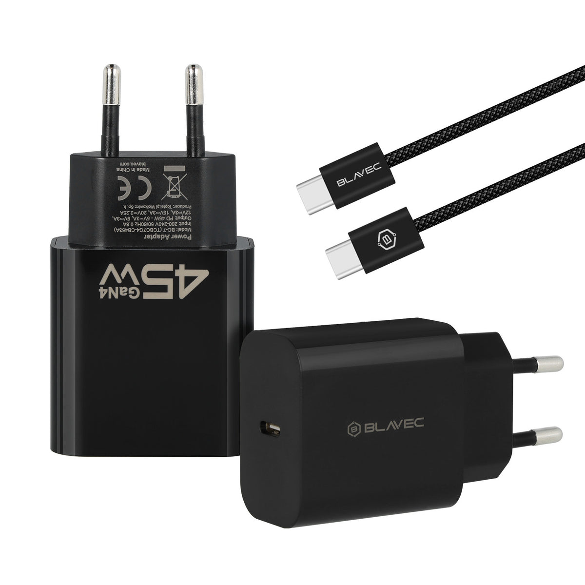 Caricabatterie da Rete con Cavo USB-C Blavec BC-7, 45W, 3A, 1 x USB-C, Nero
