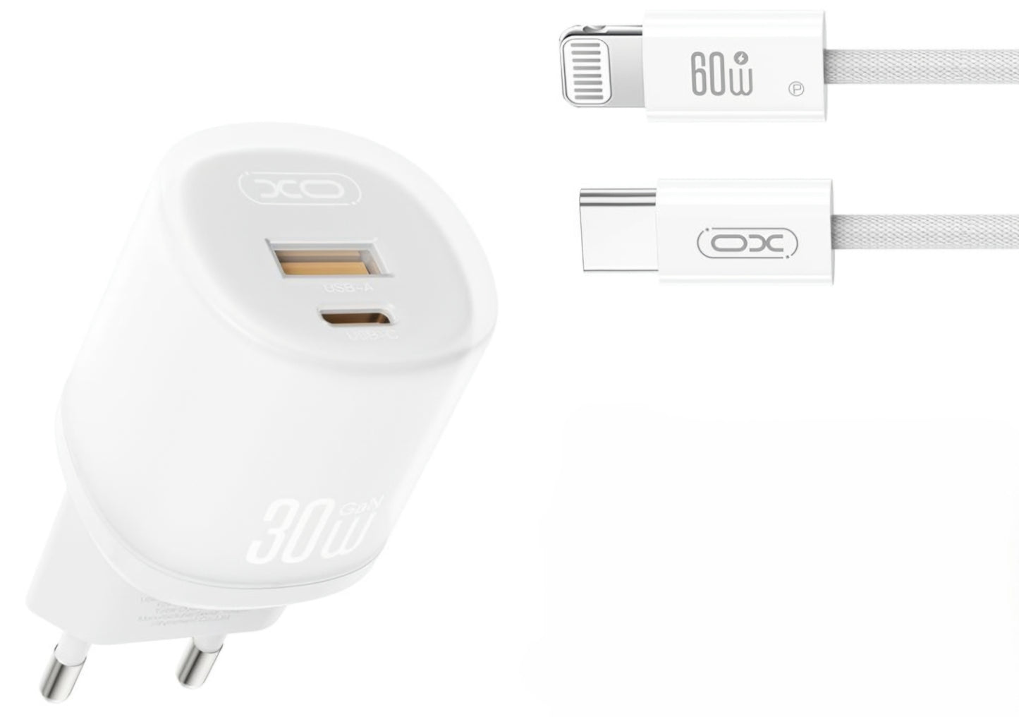 Caricabatterie da Rete con Cavo Lightning XO Design L151, 30W, 3A, 1 x USB-A - 1 x USB-C, Bianco