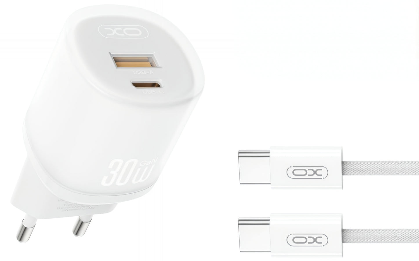 Caricabatterie da Rete con Cavo USB-C XO Design L151, 30W, 3A, 1 x USB-A - 1 x USB-C, Bianco