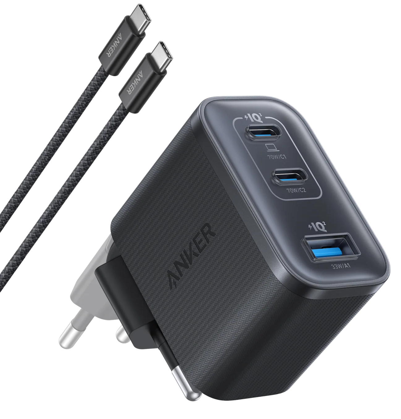 Caricabatterie da Rete con Cavo USB-C Anker Nano, 70W, 3.5A, 1 x USB-A - 2 x USB-C, Grigio B121A311