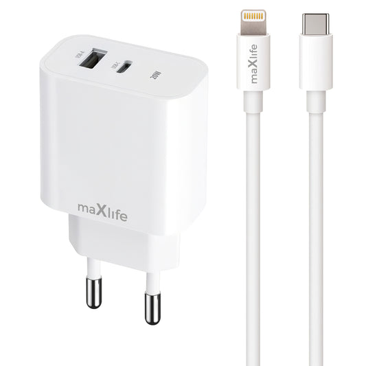 MaXlife MXTC-06-20AC MaXlife MXTC-06-20AC Caricatore di rete con cavo Lightning, 20W, 3A, 1 x USB-A - 1 x USB-C, Bianco