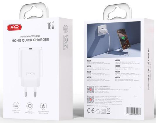 Caricabatterie da Rete con Cavo Lightning XO Design CE33, 18W, 3A, 1 x USB-A, Bianco
