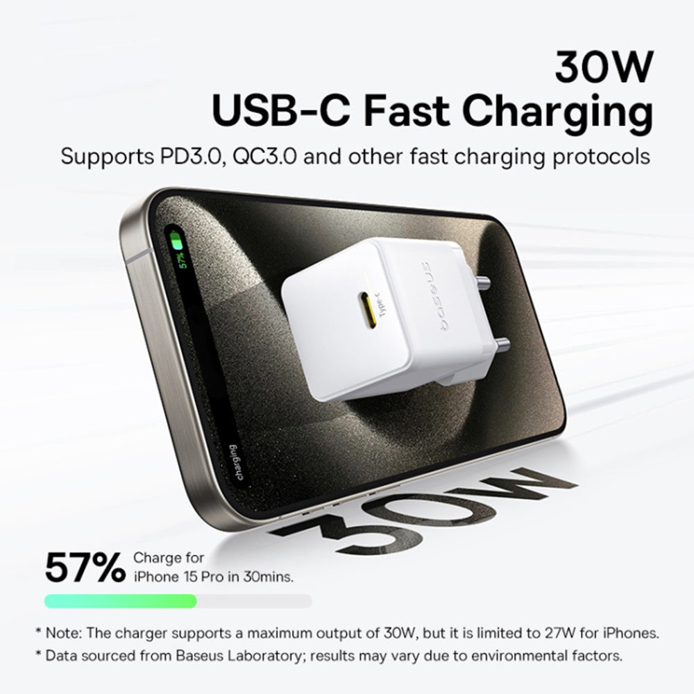 Caricabatterie da Rete con Cavo USB-C Baseus Palm, 30W, 3A, 1 x USB-C, Bianco P10111605213-01