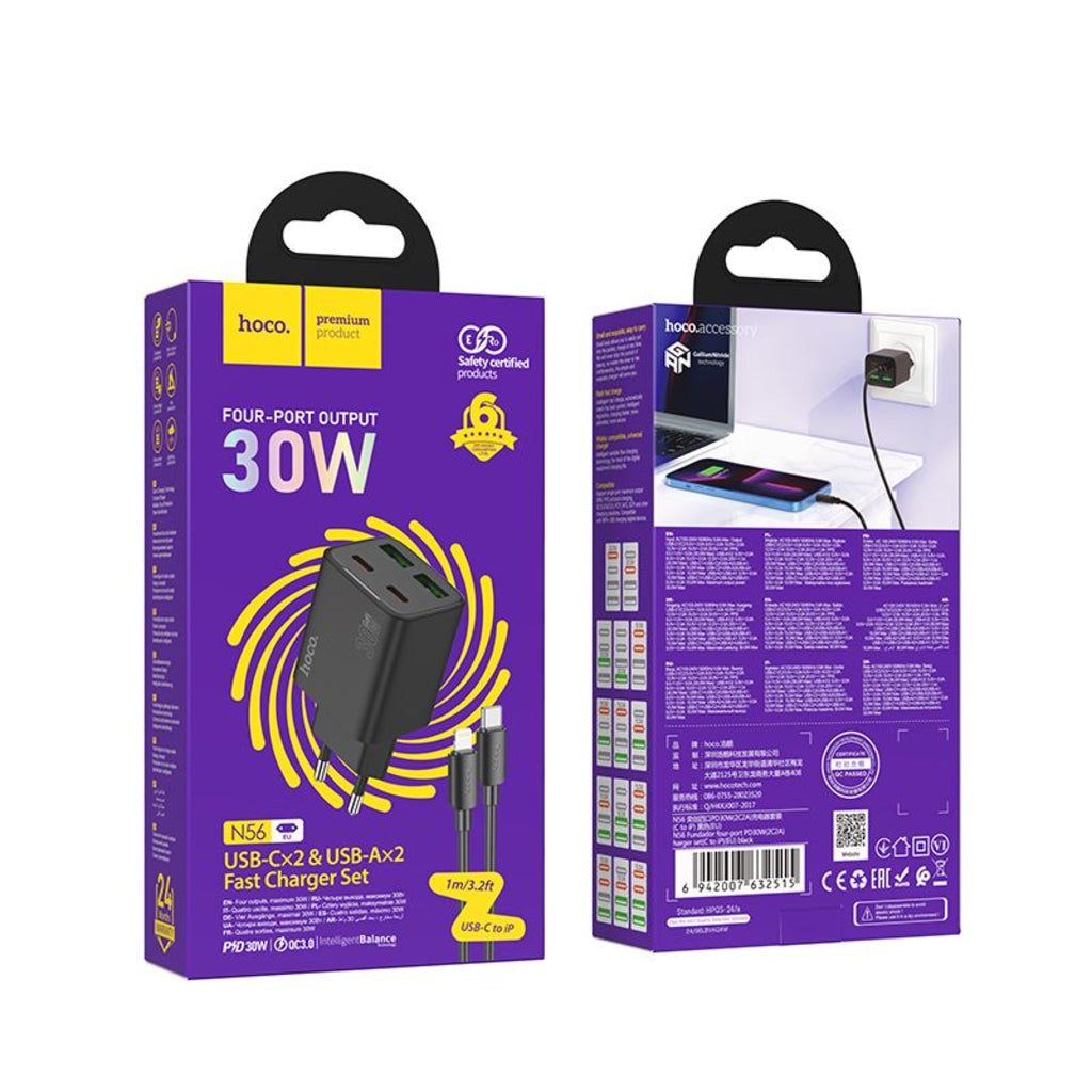 Caricabatterie da Rete con Cavo Lightning HOCO N56, 30W, 3A, 2 x USB-A - 2 x USB-C, Nero