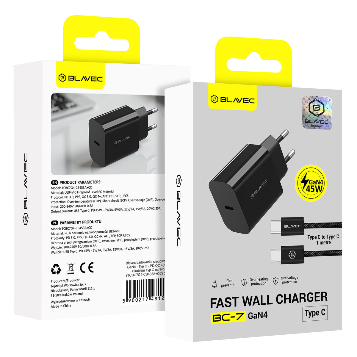 Caricabatterie da Rete con Cavo USB-C Blavec BC-7, 45W, 3A, 1 x USB-C, Nero