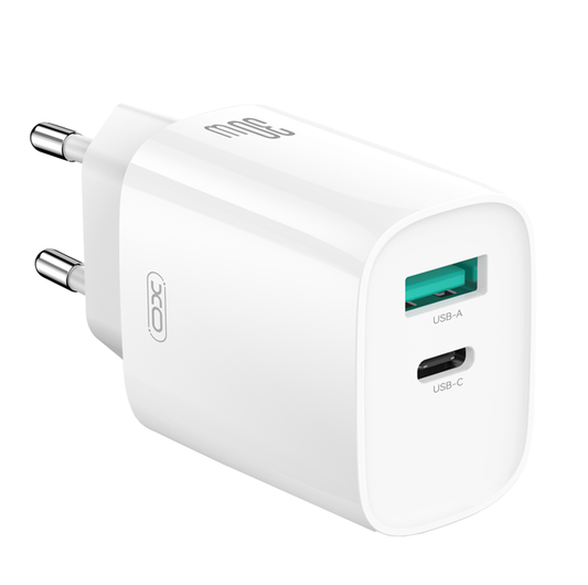 Caricabatterie da rete con cavo USB-C XO Design CE30, 30W, 3A, 1 x USB-A - 1 x USB-C, Bianco