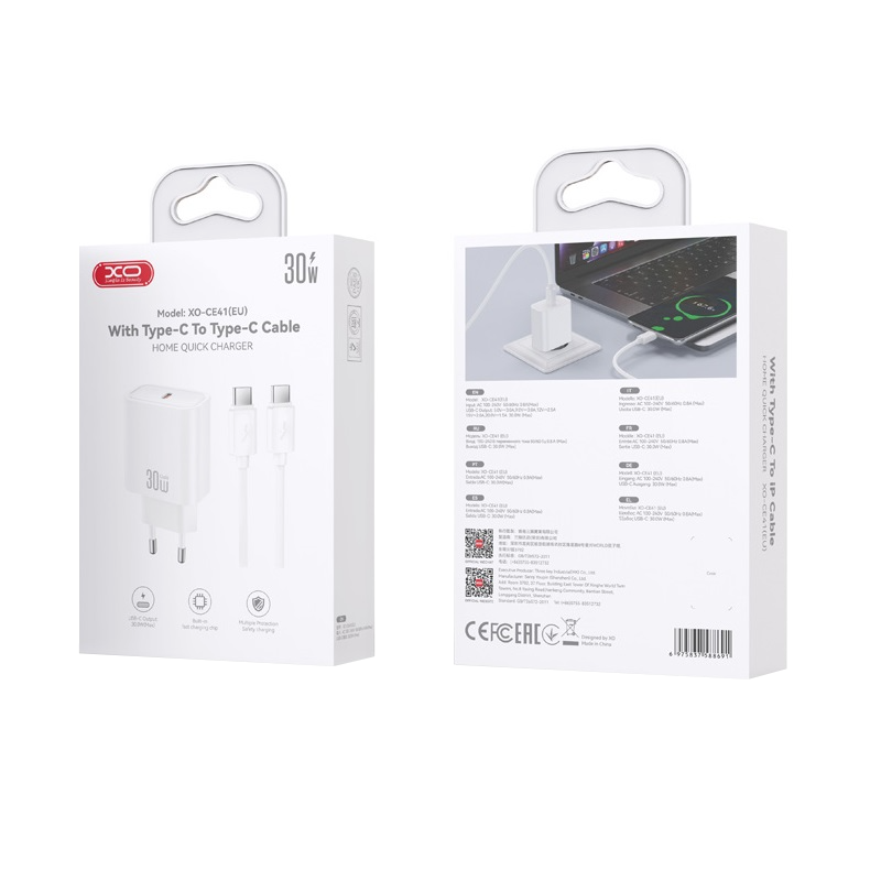 Caricatore da rete con cavo USB-C XO Design CE41, 30W, 3A, 1 x USB-C, Bianco