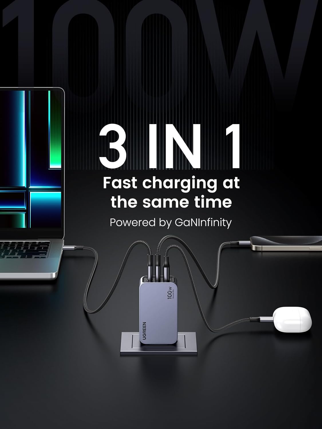 UGREEN X757 Nexode Pro Caricatore di rete con cavo USB-C, 100W, 3A, 1 x USB-A - 2 x USB-C, Grigio