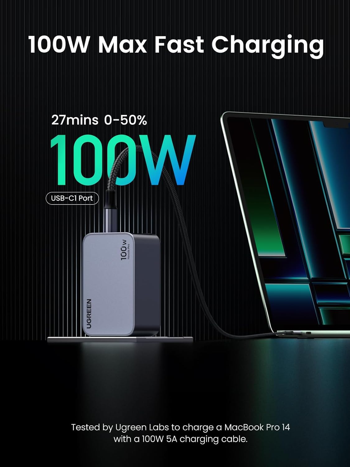 UGREEN X757 Nexode Pro Caricatore di rete con cavo USB-C, 100W, 3A, 1 x USB-A - 2 x USB-C, Grigio