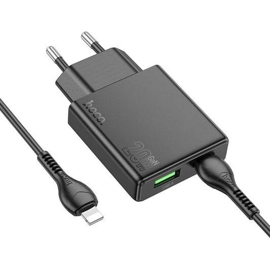 Caricabatterie da Rete con Cavo Lightning HOCO N38, 20W, 3A, 1 x USB-A - 1 x USB-C, Nero