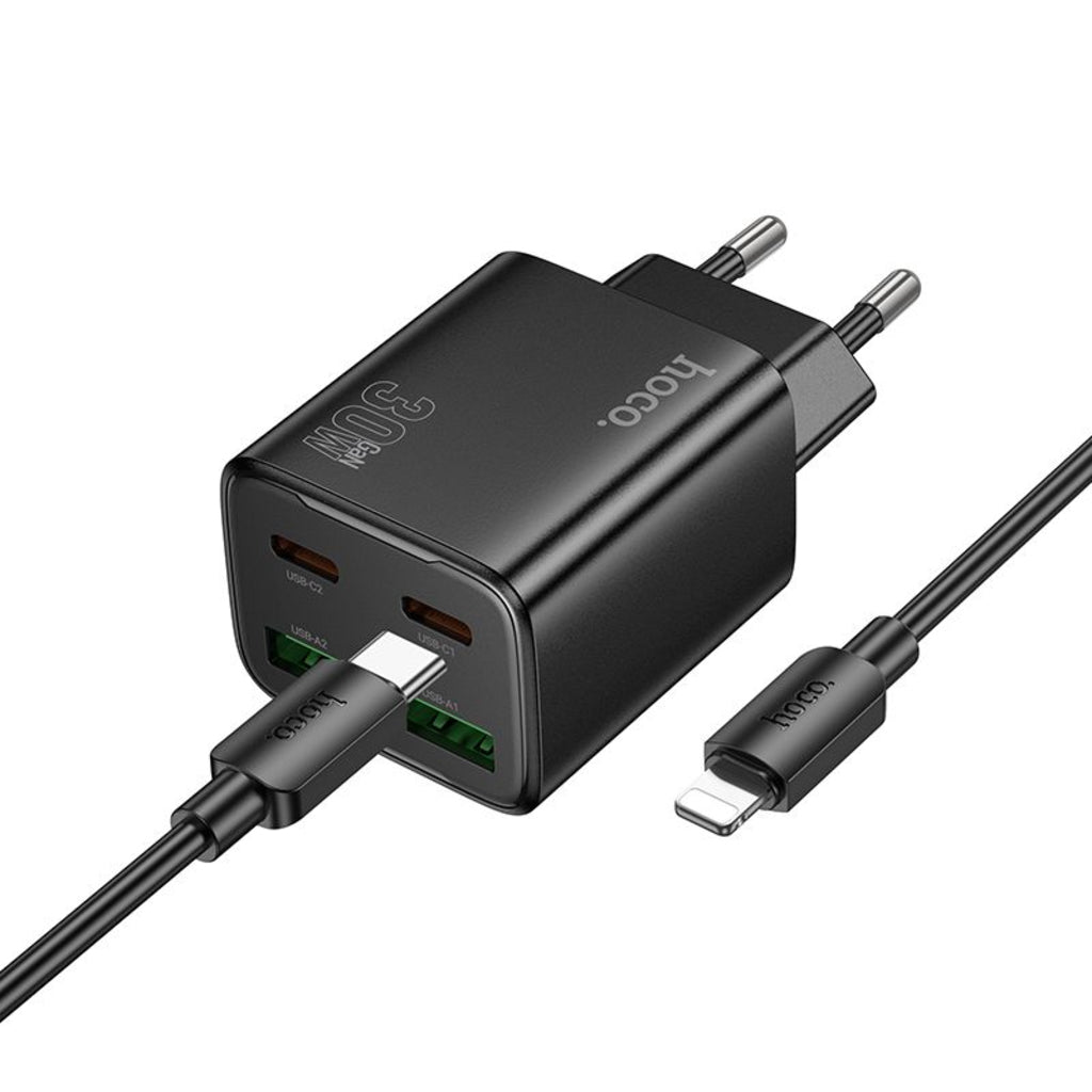 Caricabatterie da Rete con Cavo Lightning HOCO N56, 30W, 3A, 2 x USB-A - 2 x USB-C, Nero