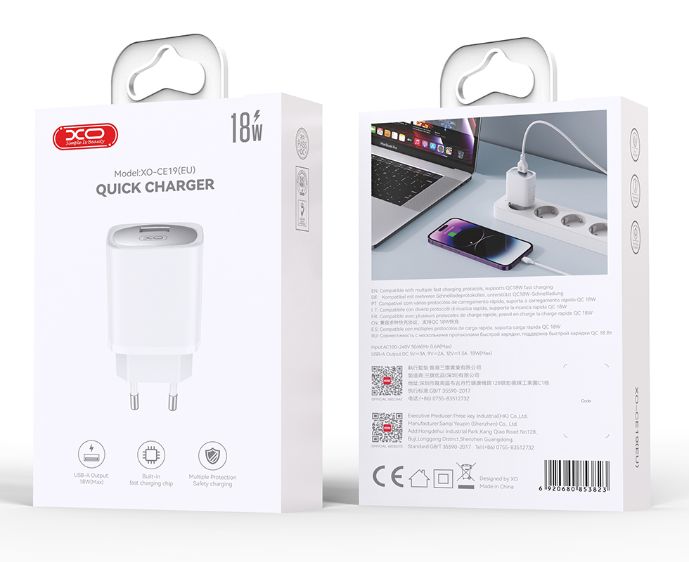 Caricabatterie da Rete con Cavo USB-C XO Design CE19, 18W, 3A, 1 x USB-A, Bianco