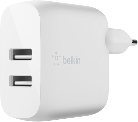 Caricatore da rete con cavo USB-C Belkin BoostCharge Dual, 24W, 2.4A, 2 x USB-A, Bianco WCE001vf1MWH