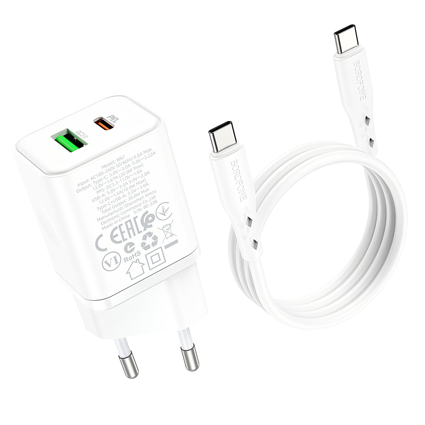 Caricabatterie di rete con cavo USB-C Borofone BN7, 20W, 3A, 1 x USB-A - 1 x USB-C, bianco