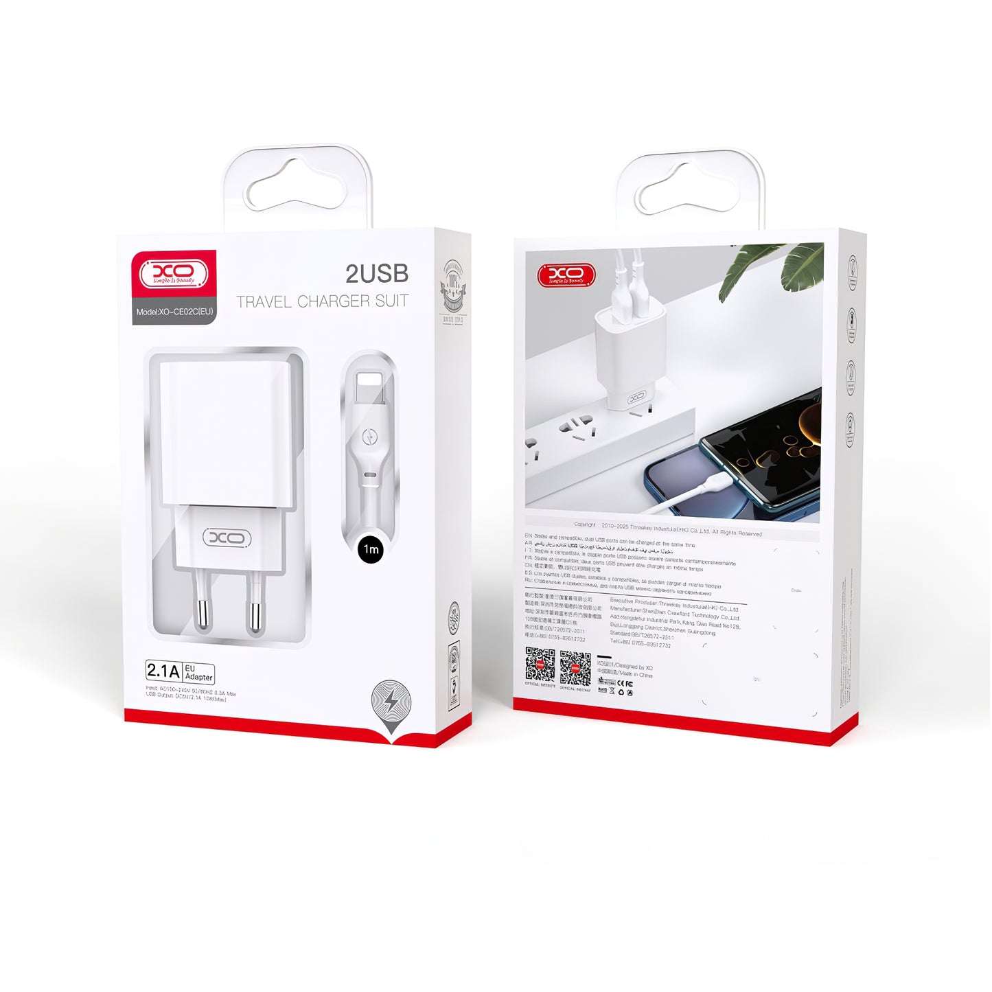 Caricabatterie da Rete con Cavo Lightning XO Design CE02C, 10.5W, 2.1A, 2 x USB-A, Bianco