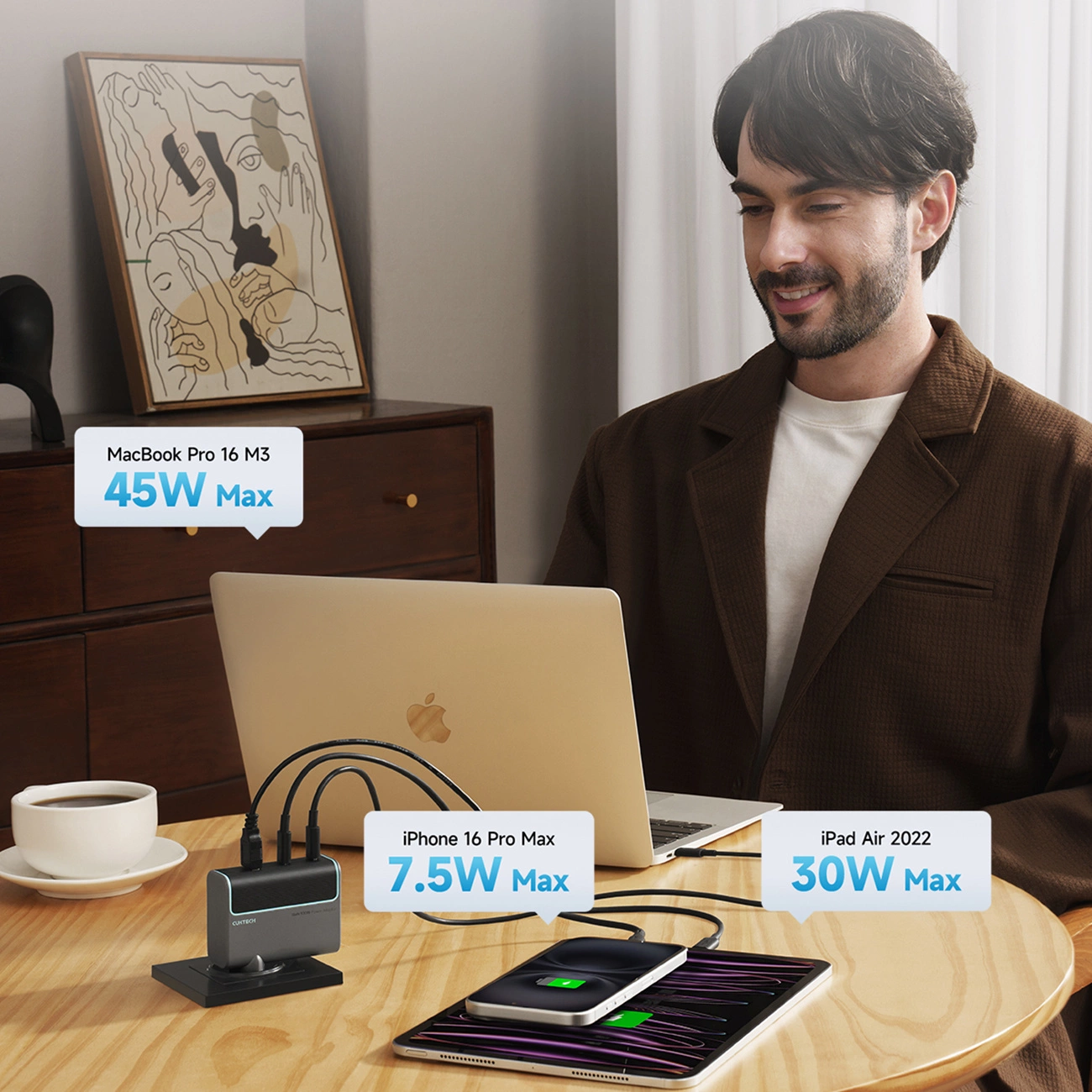 Caricabatterie da Rete con Cavo USB-C Cuktech, 100W, 5A, 1 x USB-A - 2 x USB-C, Grigio CUKAD1003EUG